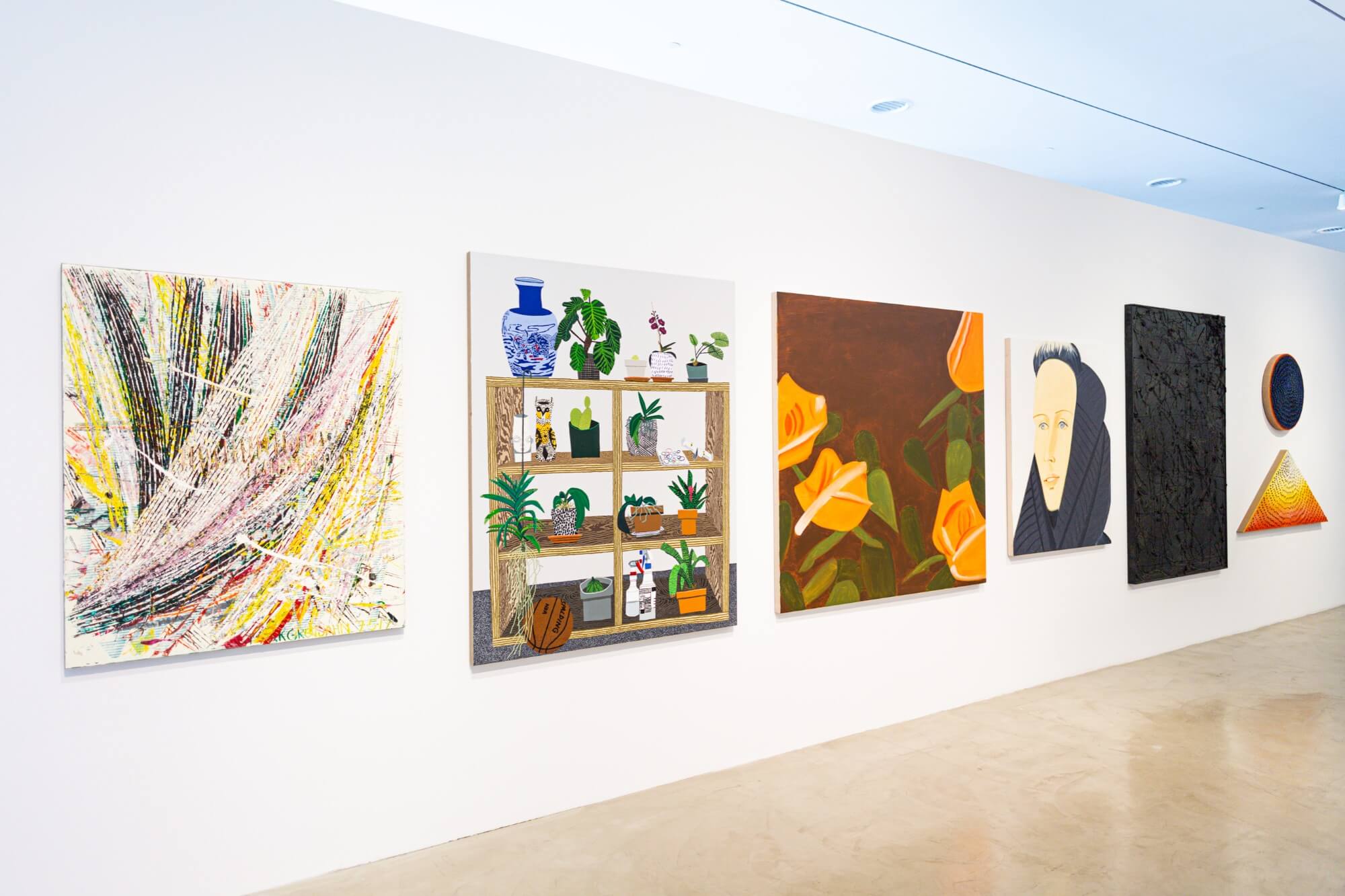 Installation view of A Possible Horizon at the de la Cruz Collection, 2020-21 Pictured left to right: work by Mark Grotjahn, Jonas Wood, Alex Katz, Rashid Johnson and Jennifer Guidi