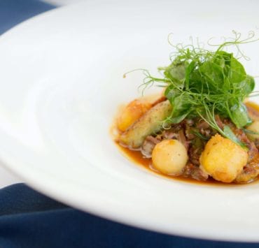 PB Catch’s Crispy Bay Scallops with Oxtail, Apple & Spaetzle