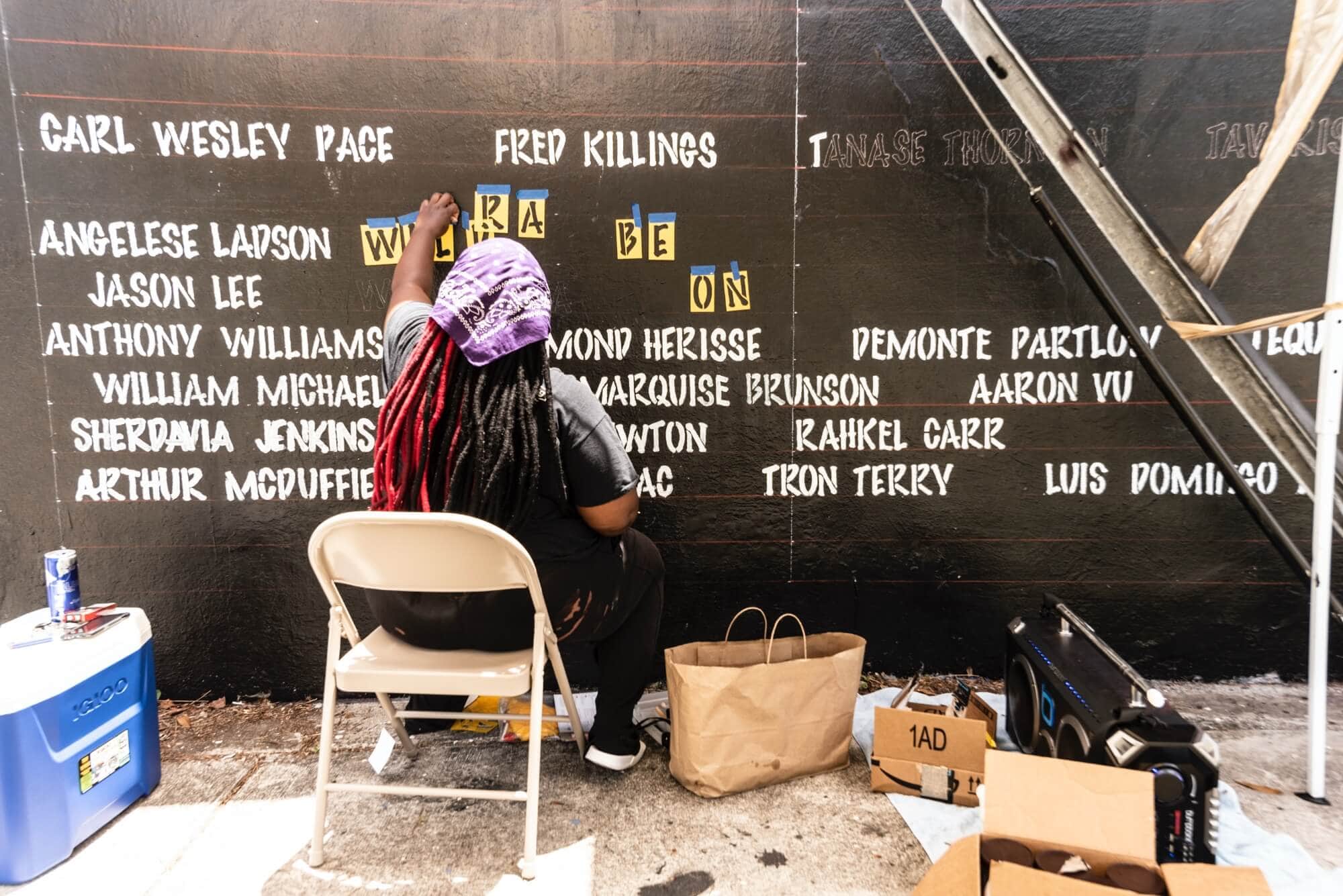 Art Is Everywhere 3 VantaBlack working on “Say Their Names” mural at Bakehouse Art Complex, 2020; photo by Mateo Serna Zapata