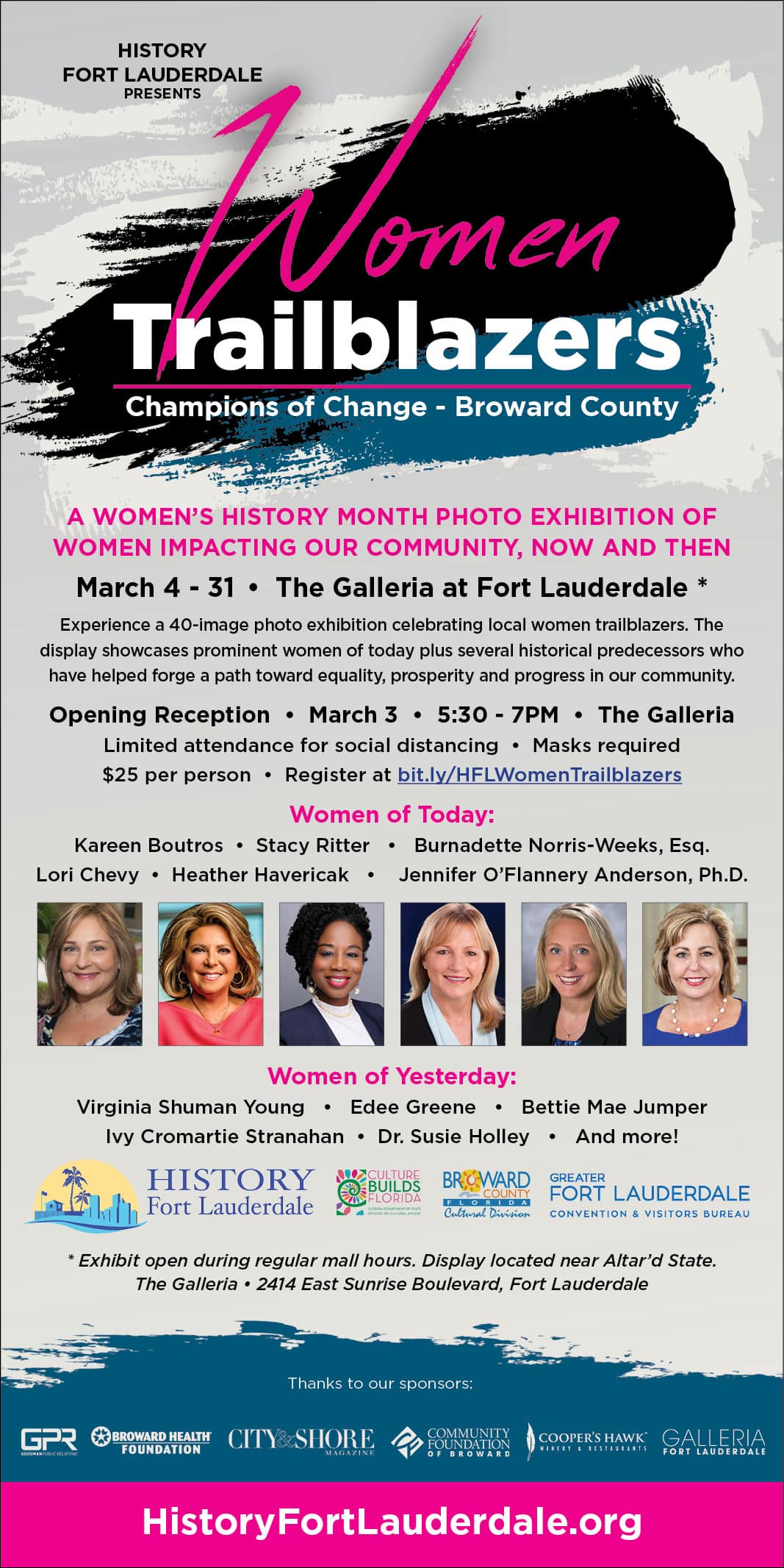History Fort Lauderdale Presents “Women Trailblazers: Champions of Change - Broward County,” Photography Exhibition Preview, at The Galleria at Fort Lauderdale, March 3, at 5:30 p.m. 1