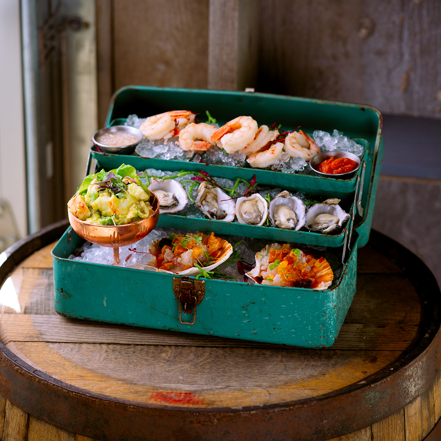 Tackle box seafood tower at Stiltsville in Miami Beach