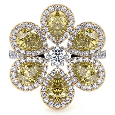 Fancy Yellow and White Cluster Diamond Flower Ring - 3.23 CT