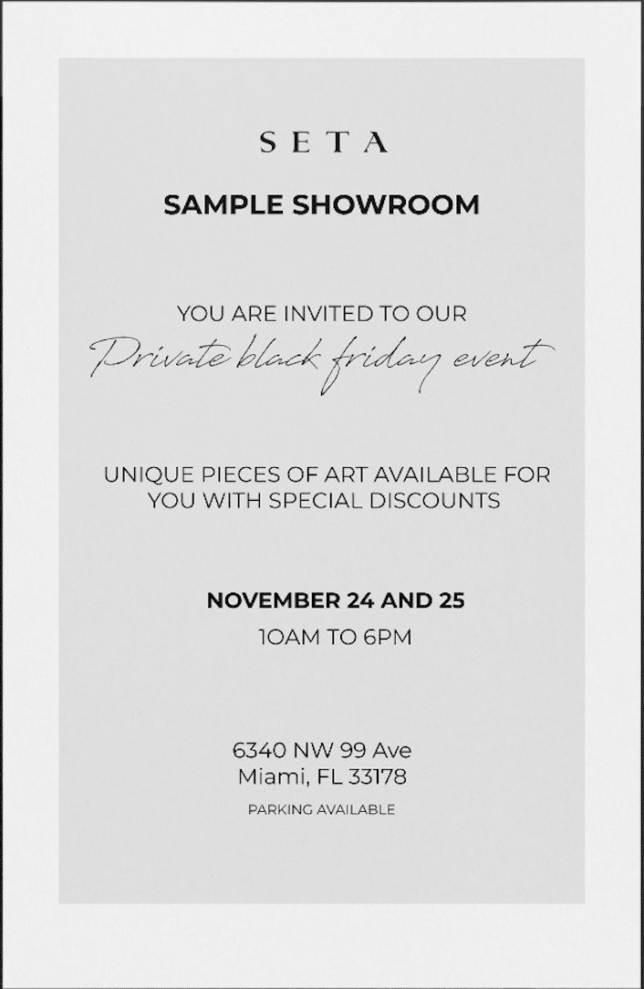 Join SETA for a Two Day Sample Showroom Black Friday Sale in Doral