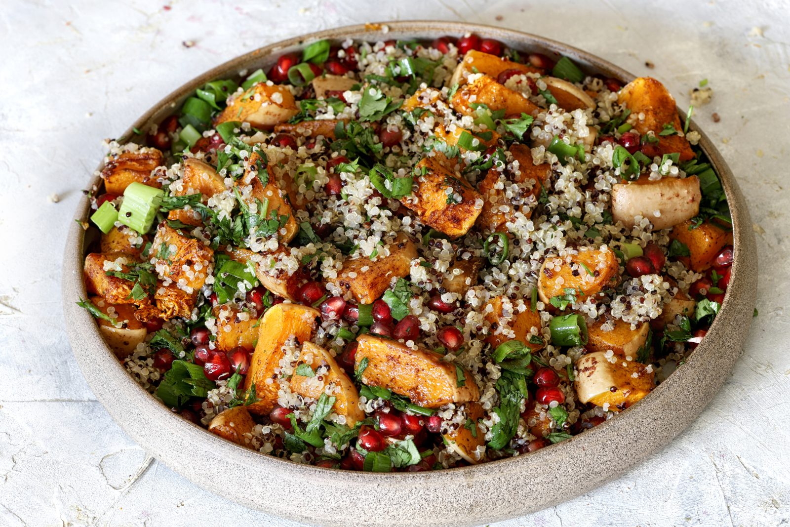 Roasted Butternut Squash Salad with Farro and pomegranate seeds