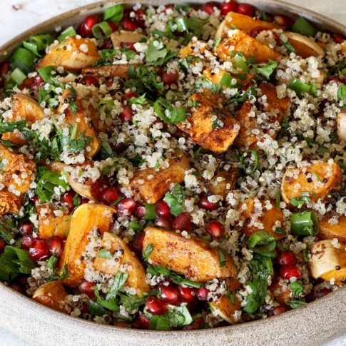 Roasted Butternut Squash Salad with Farro and pomegranate seeds