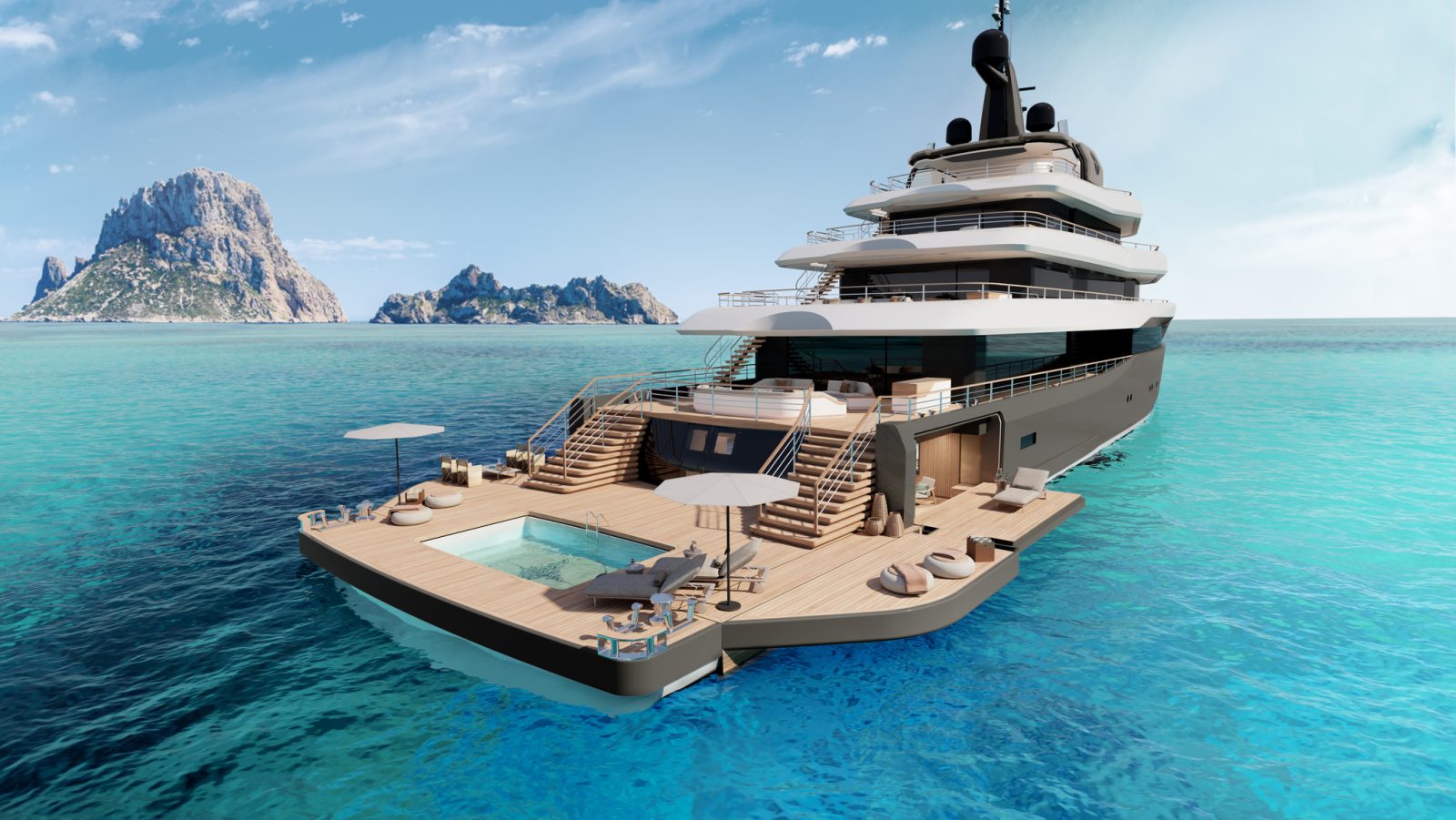 Moonflower Luxury Yacht with Expansive Beach Club, Pool, and Swim Platform