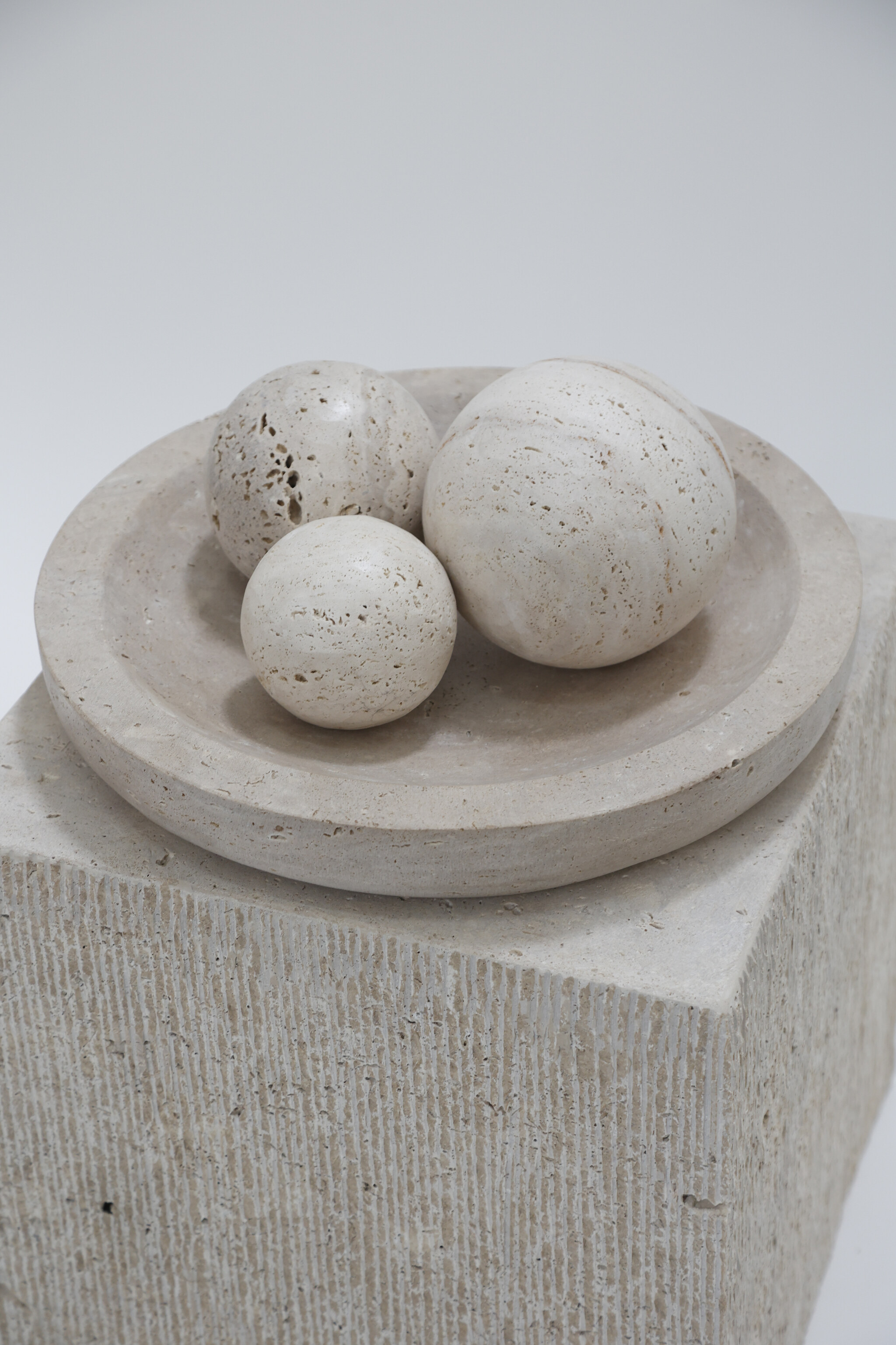 South Florida Lifestyle Magazine for Luxury Decor &amp; Finishes,Top Miami Designers,Tighemi Travertine Bowl with Trio of Spheres