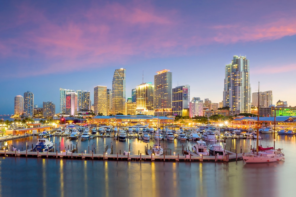 Miami,City,Skyline,Panorama,At,Twilight,With,Urban,Skyscrapers,,Marina