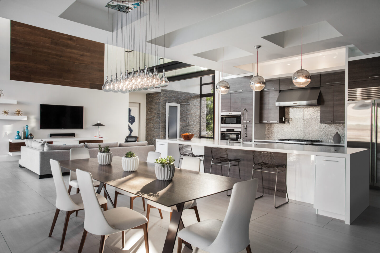 modern kitchen dark wood & white glossy cabinets