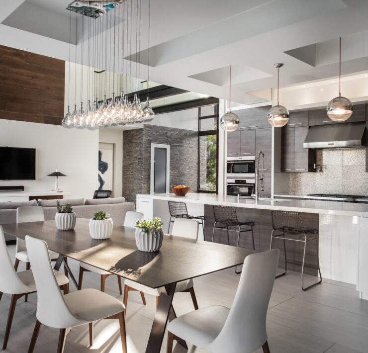 modern kitchen dark wood & white glossy cabinets