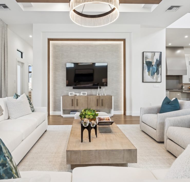The Ashton at Miromar Lakes - blue grey coast living room, entertainemnt area