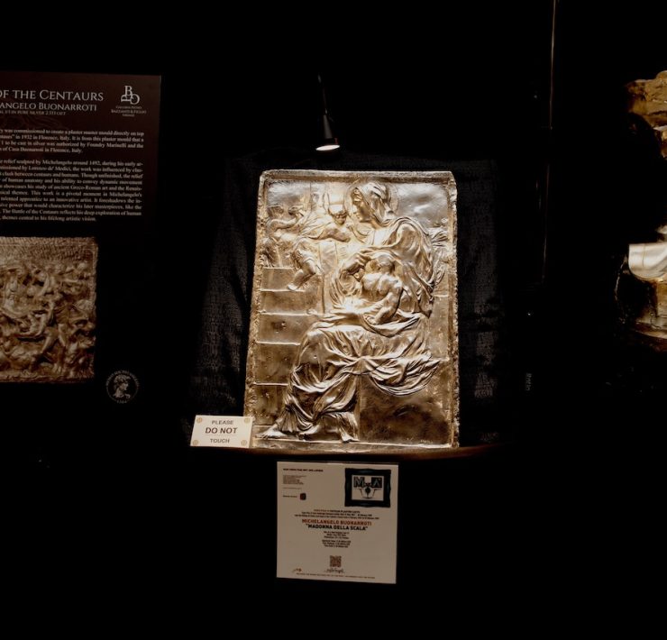 Michelangelo’s Battle of the Centaurs silver sculpture on display at BitBasel 2025, Sagamore Hotel Miami Beach.