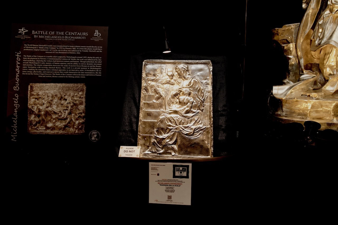 Michelangelo’s Battle of the Centaurs silver sculpture on display at BitBasel 2025, Sagamore Hotel Miami Beach.