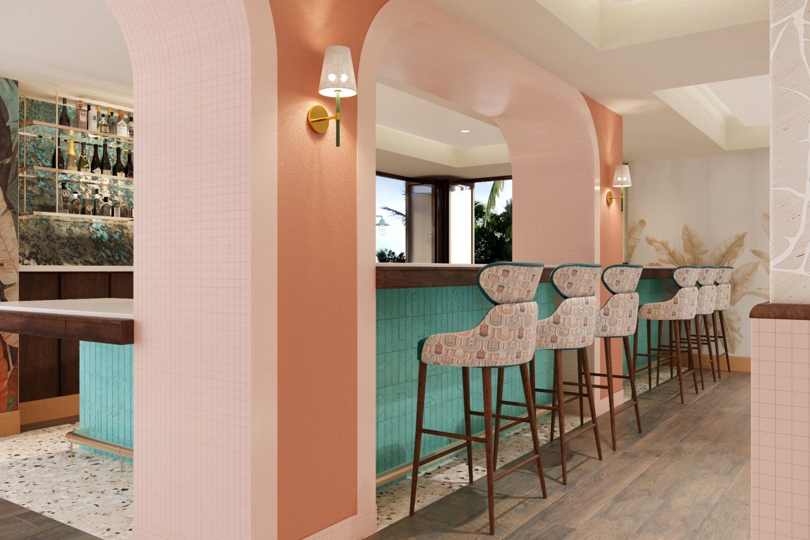 Sweet Bird Bar at Ocean Key Resort featuring coral arches, turquoise bar counters, and artistic lighting.
