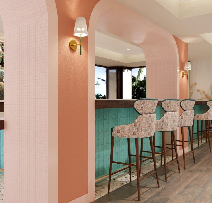 Sweet Bird Bar at Ocean Key Resort featuring coral arches, turquoise bar counters, and artistic lighting.