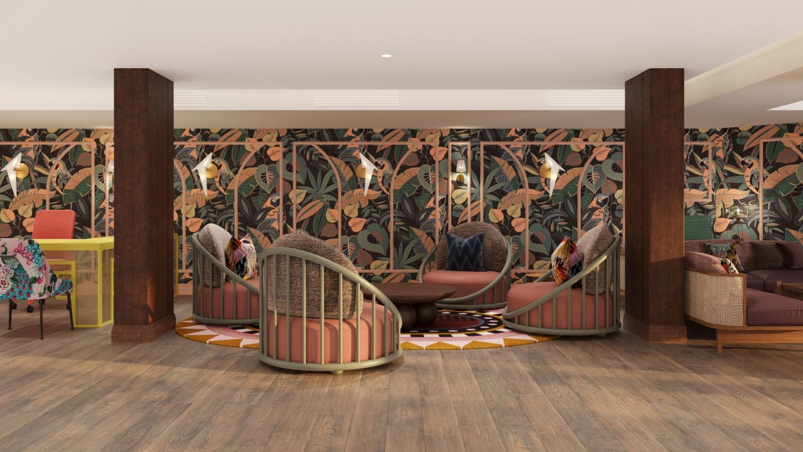 Lounge area at Ocean Key Resort & Spa showcasing bold tropical wallpaper, rattan chairs, and warm wood finishes.