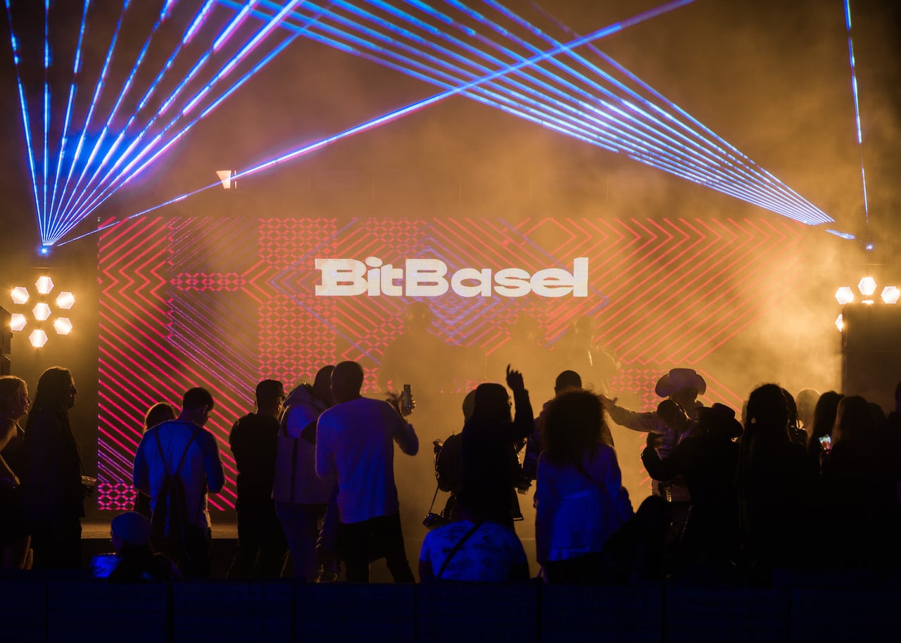 BitBasel 2025 opening event at Sagamore Hotel Miami Beach featuring digital art projections and live audience.