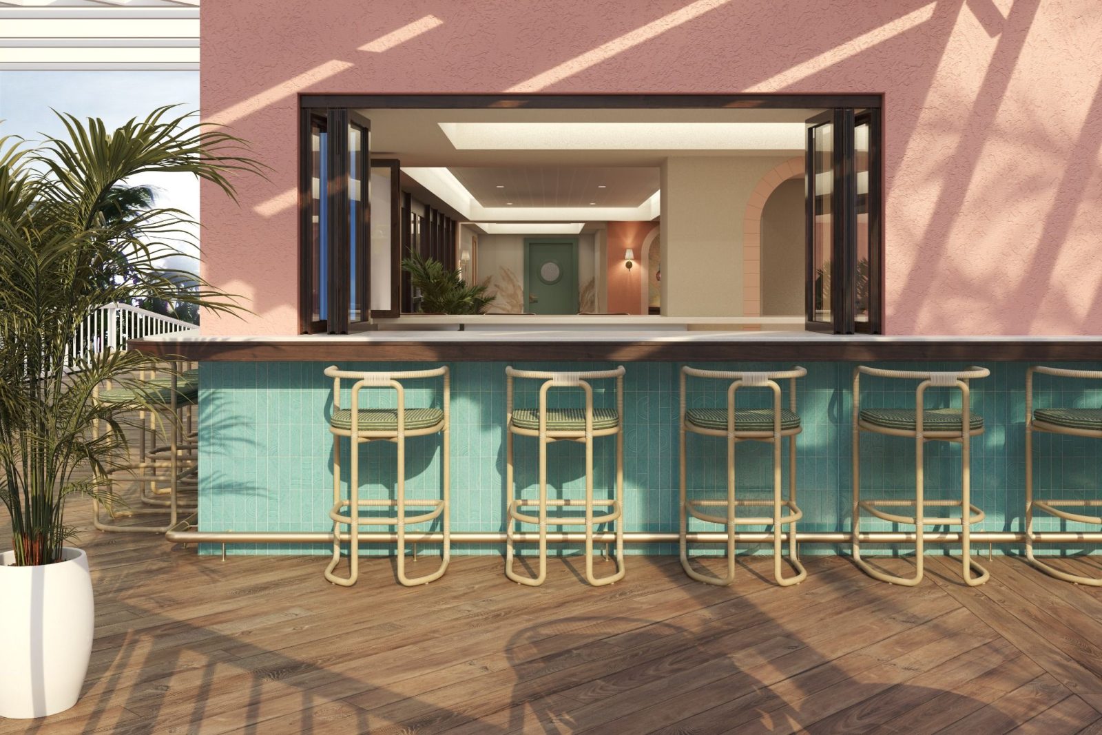 Outdoor Marina View Lounge at Ocean Key Resort & Spa with turquoise bar seating and open-air ocean views.