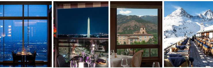 Luxury dining destinations with panoramic views — from city skylines in Oklahoma City and Washington D.C. to mountain landscapes in Colorado Springs and snowy peaks in St. Moritz.
