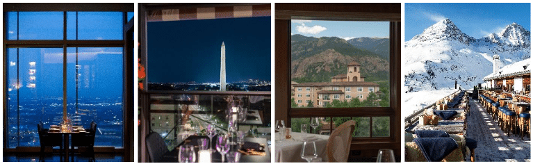 Luxury dining destinations with panoramic views — from city skylines in Oklahoma City and Washington D.C. to mountain landscapes in Colorado Springs and snowy peaks in St. Moritz.