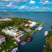 Aerial view of Casa Moderne in Bay Point, Miami, showcasing its waterfront location, private dock, and panoramic Biscayne Bay views.