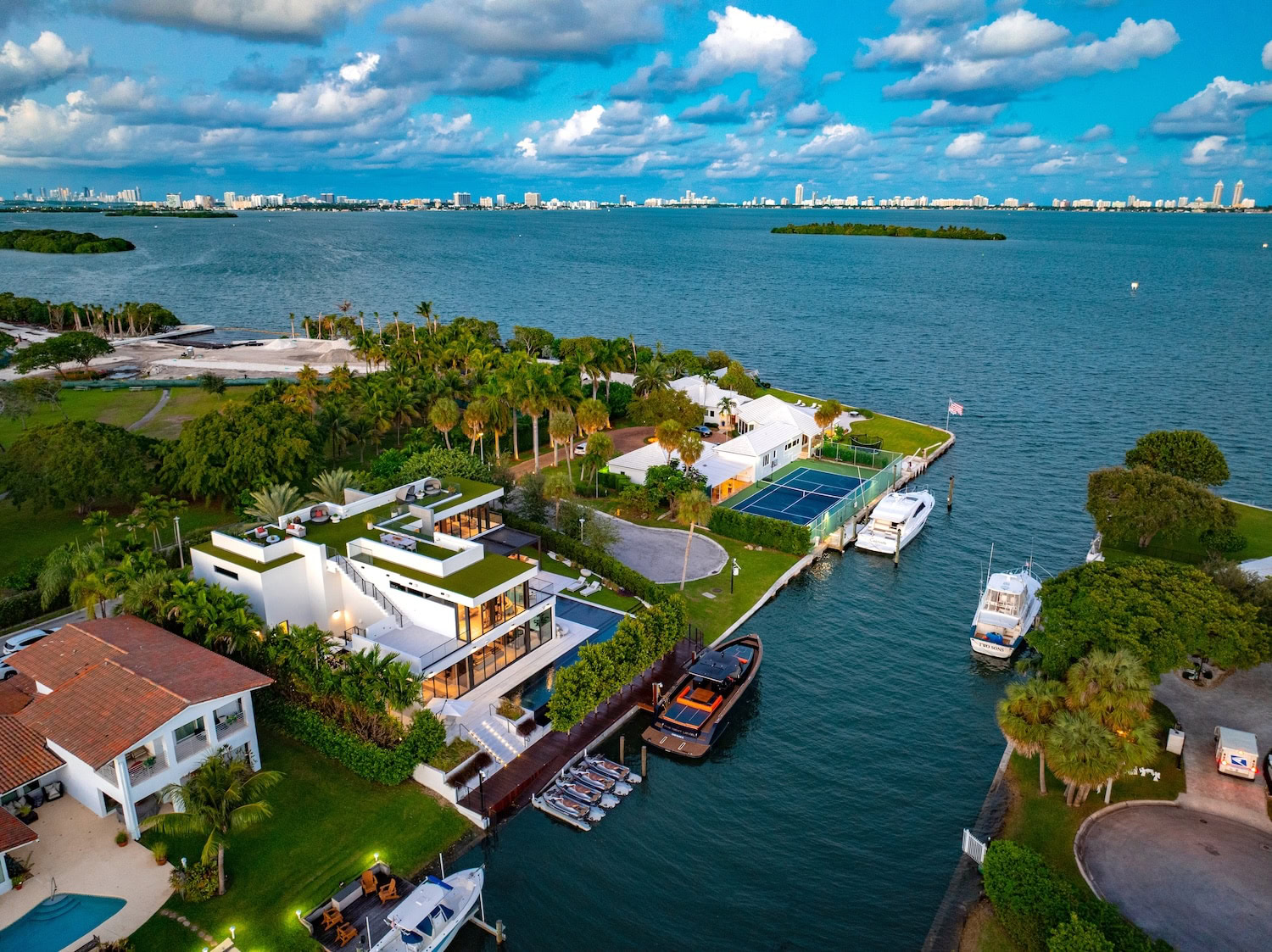 Aerial view of Casa Moderne in Bay Point, Miami, showcasing its waterfront location, private dock, and panoramic Biscayne Bay views.