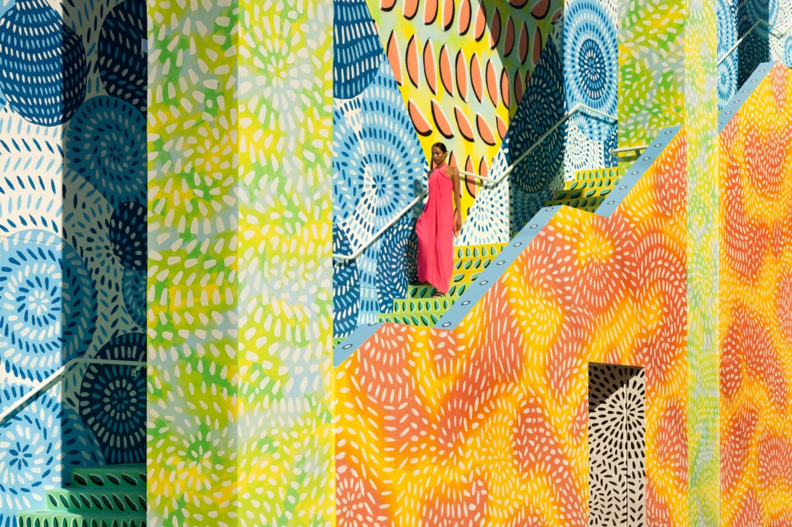 Immersive art installation with colorful geometric patterns at The Goodtime Hotel during Miami Art Week.