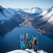 Skiers overlooking Norwegian fjords and snow-covered peaks during a backcountry ski adventure with Up Norway.