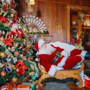 Santa Claus posing beside a decorated Christmas tree inside the Historic Stranahan House Museum in Fort Lauderdale during the Cookies with Santa holiday event.