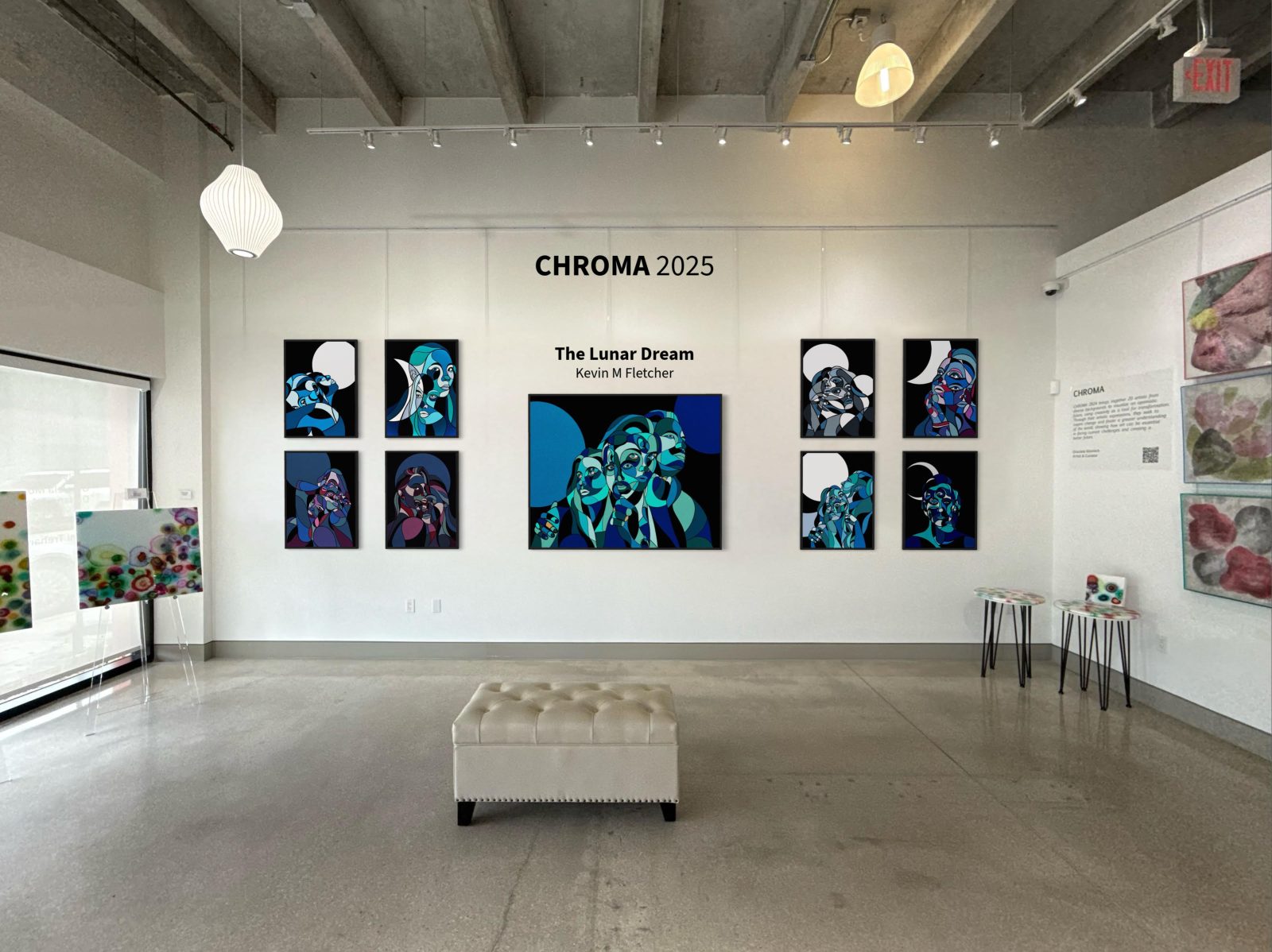 Interior of Lucid Design District gallery during CHROMA 2025 exhibition, showcasing international contemporary artworks.