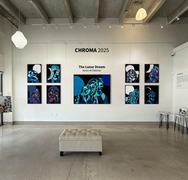 Interior of Lucid Design District gallery during CHROMA 2025 exhibition, showcasing international contemporary artworks.