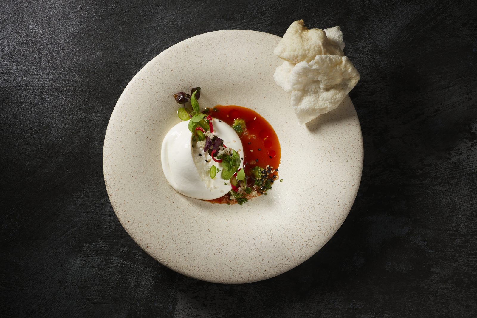 Burrata Kimchi and prawn cracker