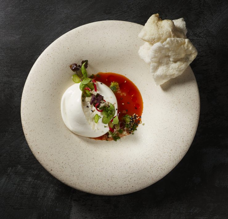 Burrata Kimchi and prawn cracker