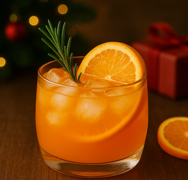 Holiday tequila cocktail garnished with orange slice and rosemary, served over ice with festive Christmas background.