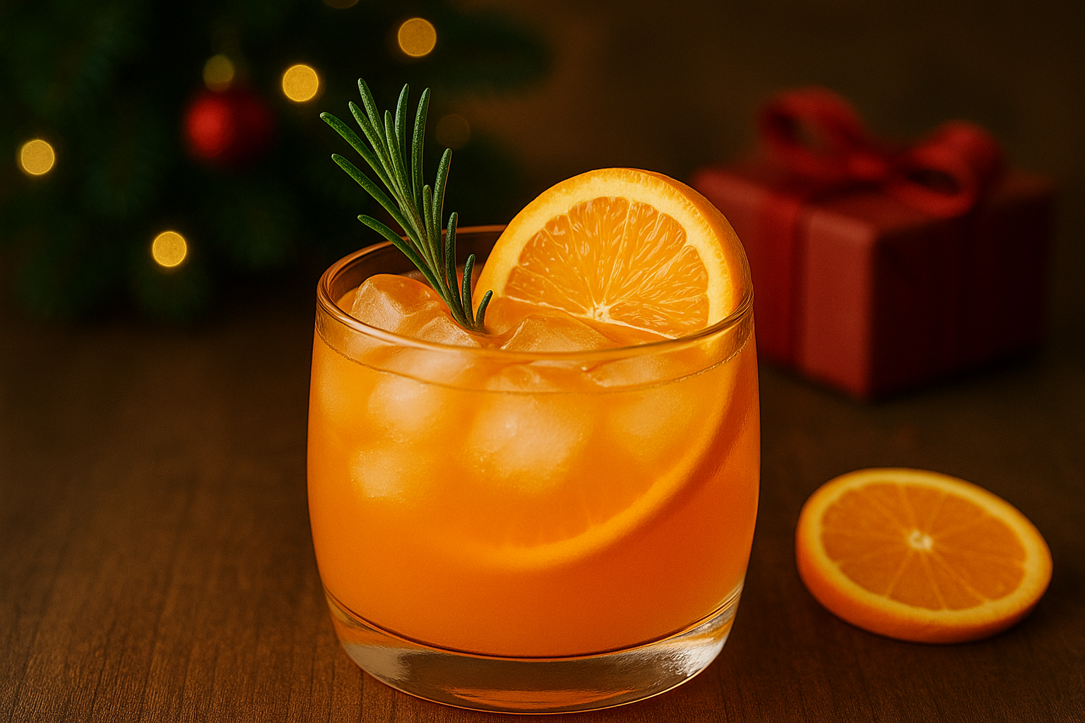 Holiday tequila cocktail garnished with orange slice and rosemary, served over ice with festive Christmas background.