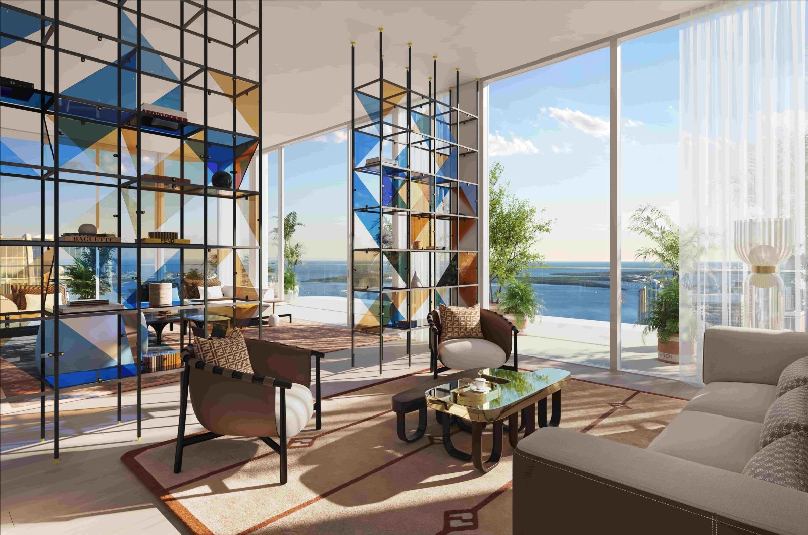 Living room at JEM Sky Villa featuring ocean views and the FENDI Casa Matrice bookcase in a modern open layout.