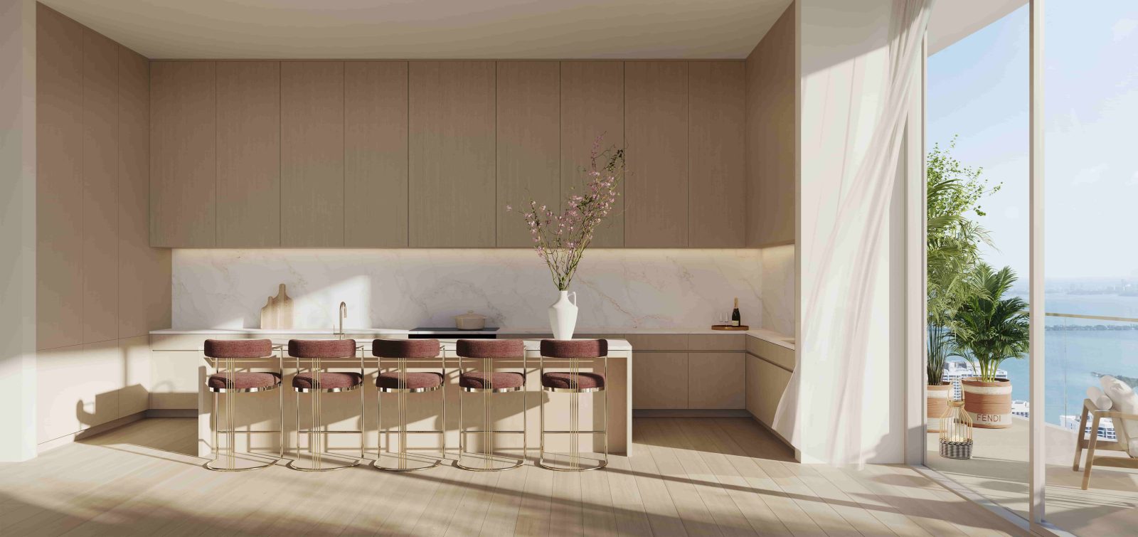 Luxury kitchen and dining area at JEM Sky Villa with FENDI Casa interiors and minimalist marble accents.
