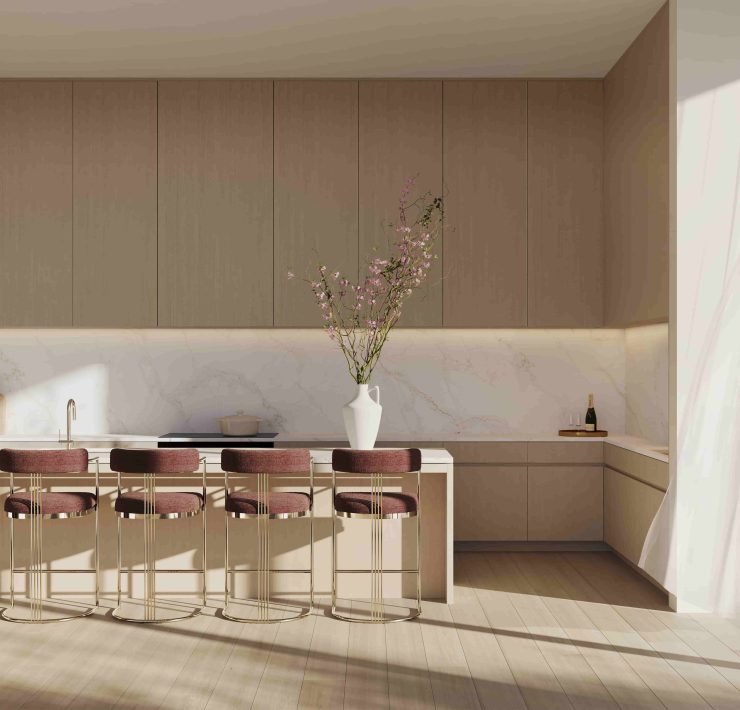 Luxury kitchen and dining area at JEM Sky Villa with FENDI Casa interiors and minimalist marble accents.