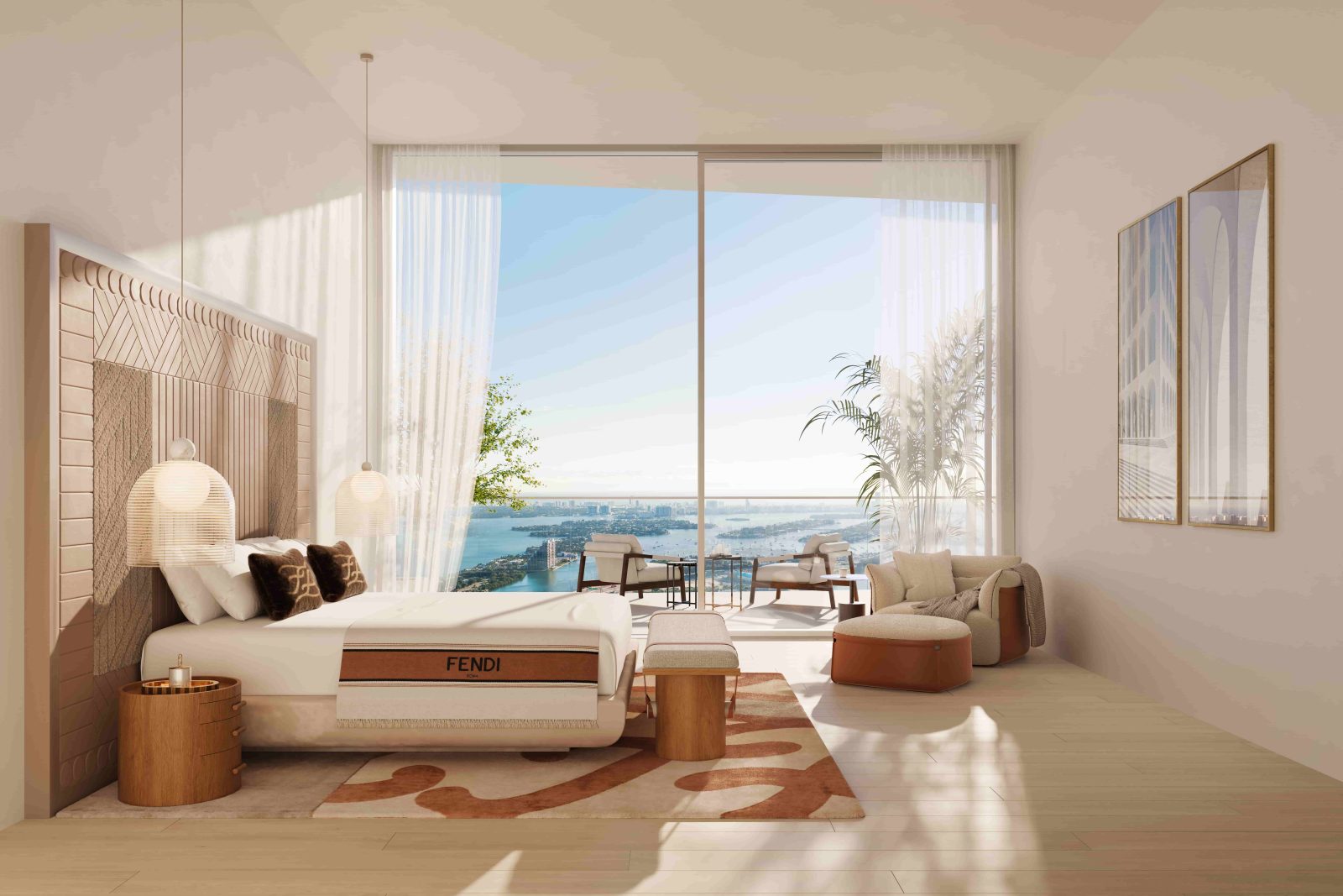 Primary bedroom at JEM Sky Villa with floor-to-ceiling windows, FENDI Casa furnishings and Biscayne Bay views.