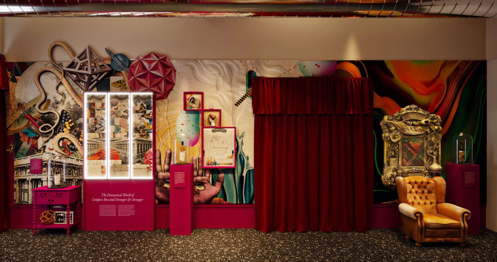 Art installation view of Imaginarium: The Fantastical World of Compass Box and Stranger & Stranger at The Wolfsonian-FIU, featuring colorful displays, surreal decor, and whisky-inspired artwork.