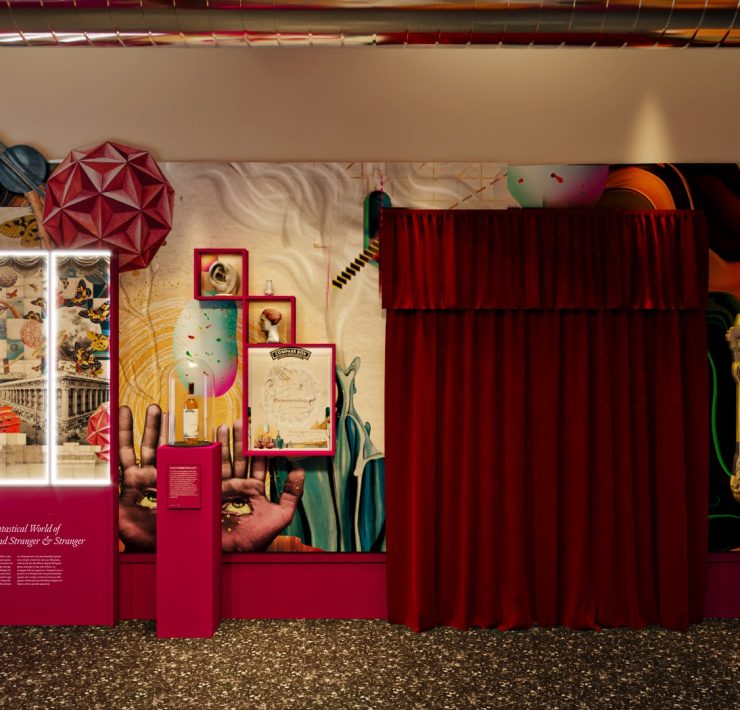 Art installation view of Imaginarium: The Fantastical World of Compass Box and Stranger & Stranger at The Wolfsonian-FIU, featuring colorful displays, surreal decor, and whisky-inspired artwork.