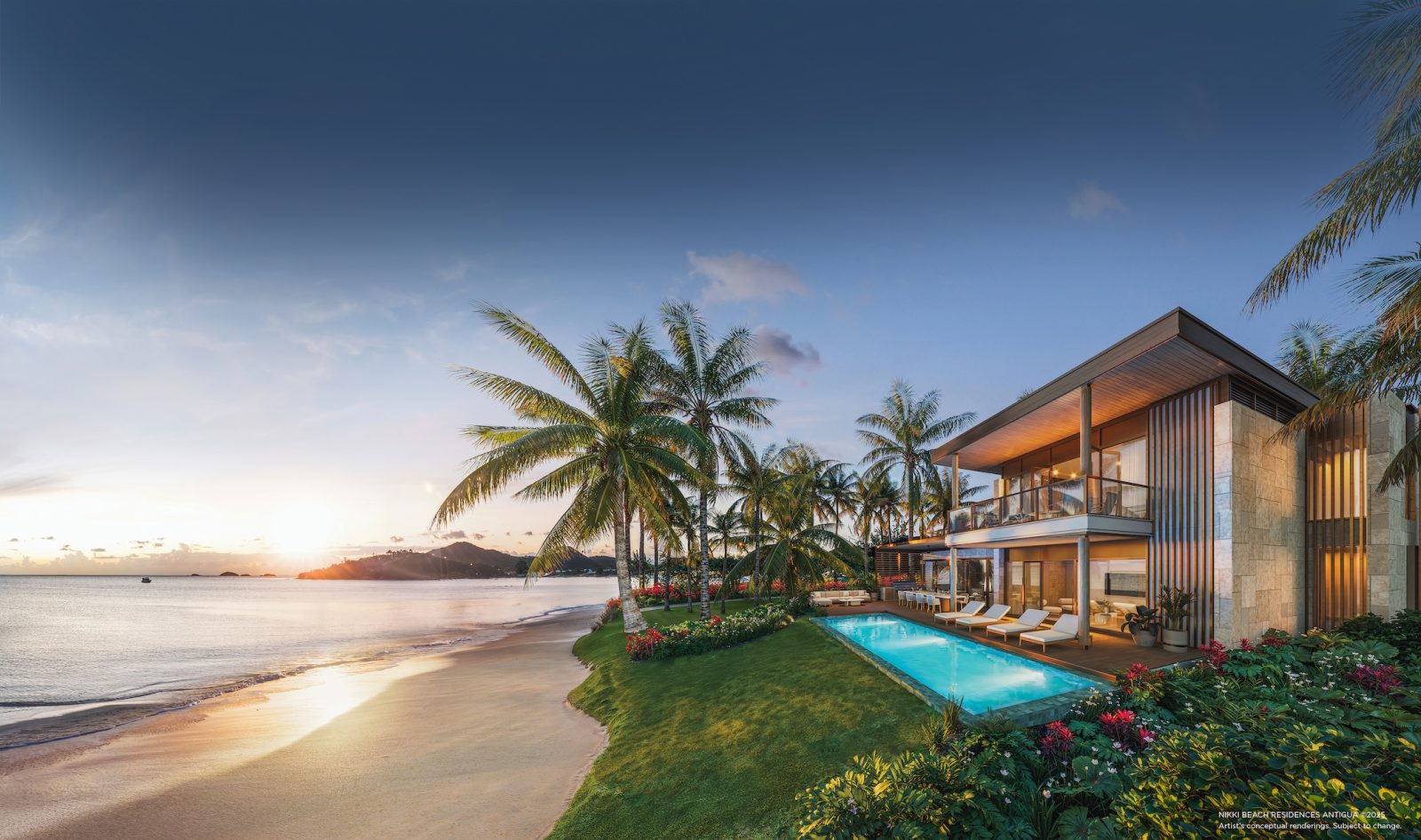 Private beachfront villa with infinity pool and palm-lined coastline at Nikki Beach Antigua.