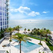 Selene Oceanfront Residences pool terrace overlooking Fort Lauderdale Beach and the Atlantic Ocean.