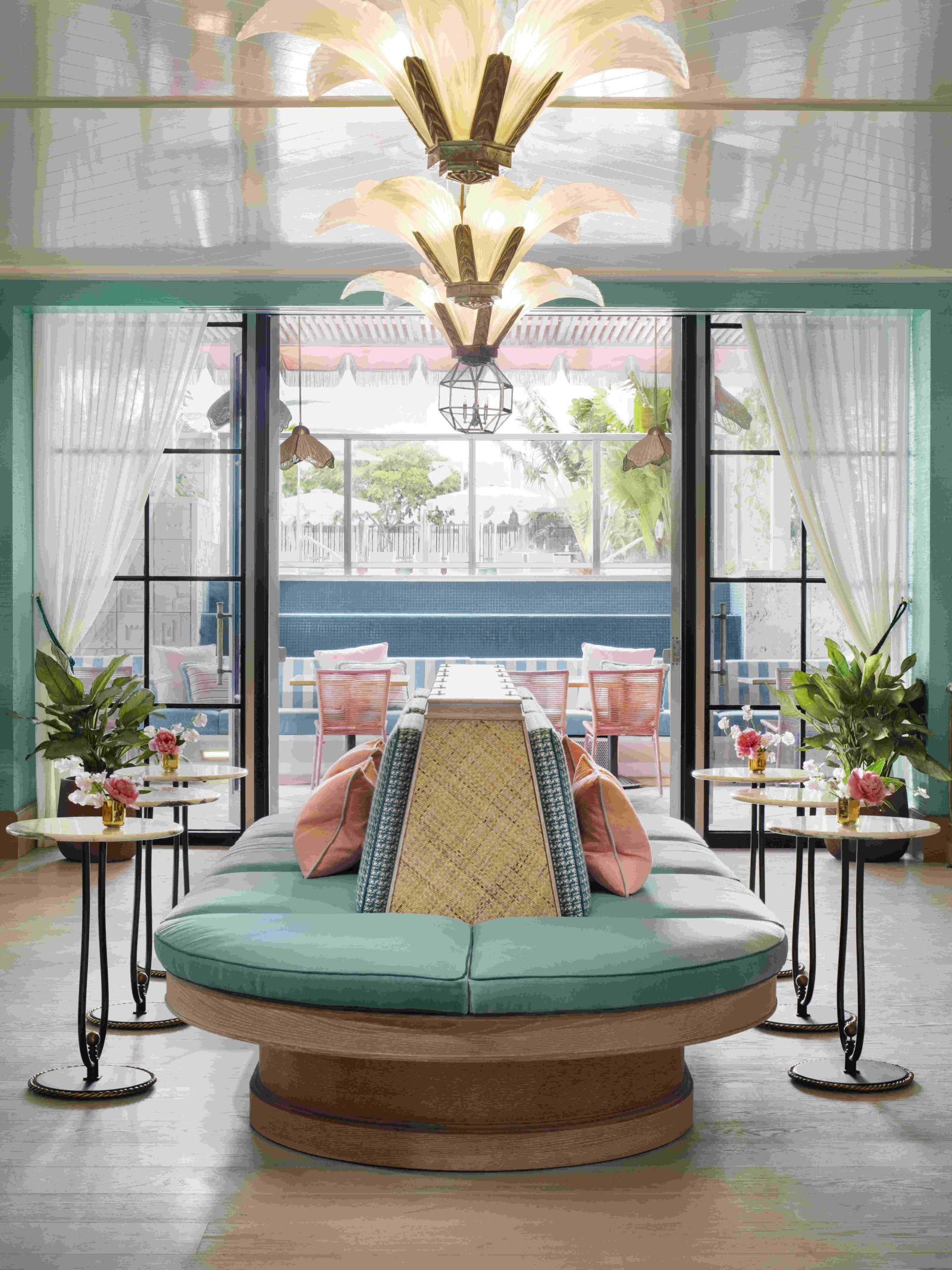 The Goodtime Hotel Miami Beach interior lounge area during Borderline art exhibition for Miami Art Week 2025.