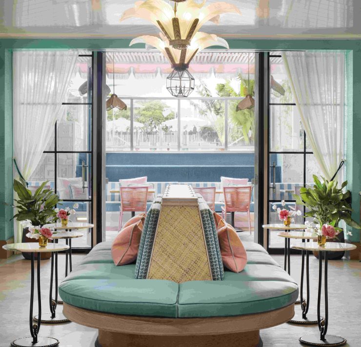 The Goodtime Hotel Miami Beach interior lounge area during Borderline art exhibition for Miami Art Week 2025.