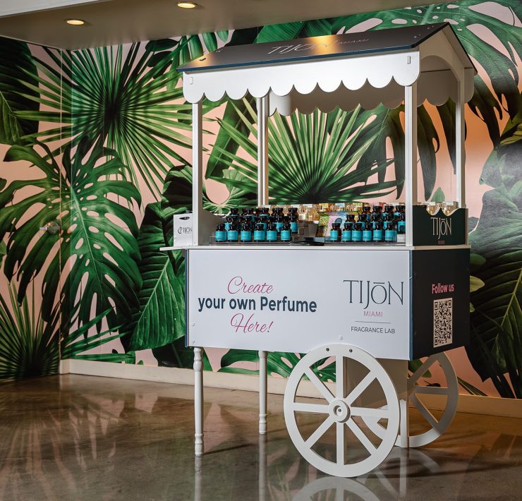 Tijon pop-up perfume cart offering custom fragrance creation experience in Miami.