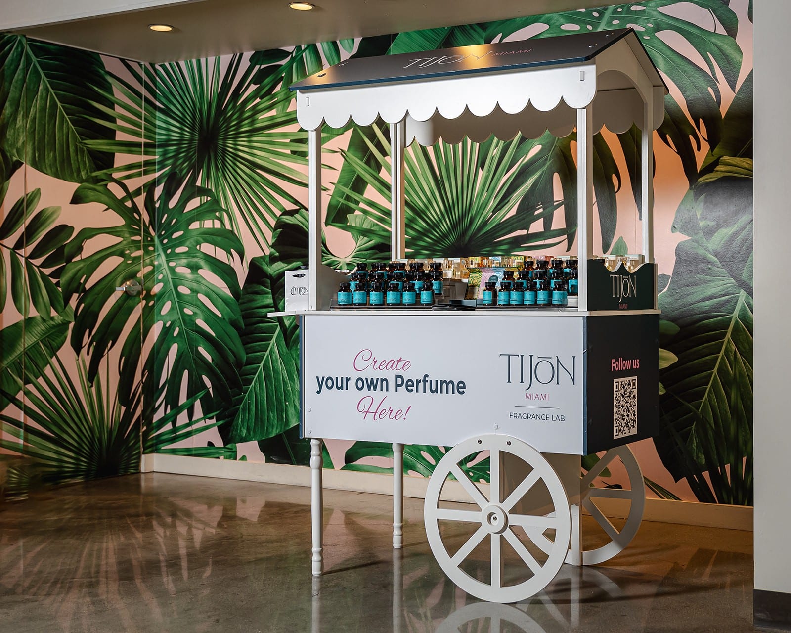 Tijon pop-up perfume cart offering custom fragrance creation experience in Miami.