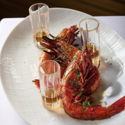 Crimson Carabinero shrimp, one of the world's rarest shellfish, exclusively at Estiatorio Milos