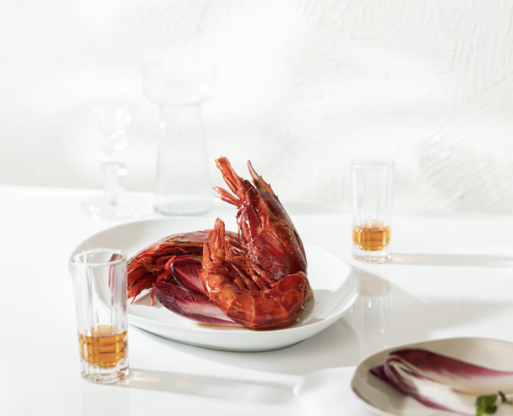 A plate of Carabinero shrimp, exclusively at Estiatorio Milos