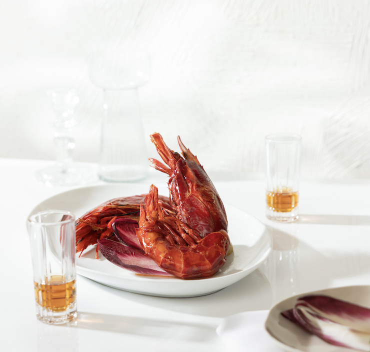 A plate of Carabinero shrimp, exclusively at Estiatorio Milos